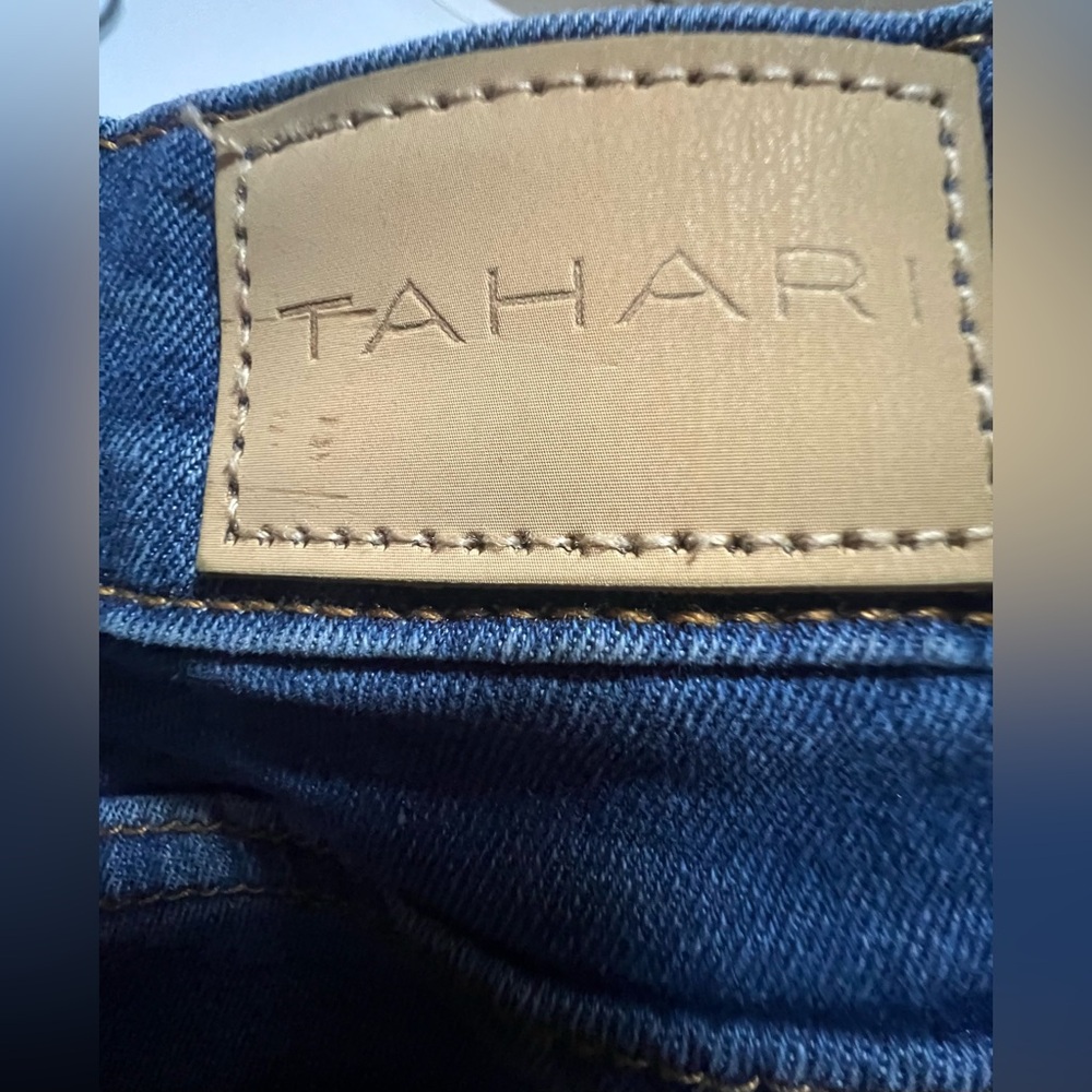 Tahari Olivia Classic Mid Rise Slim Straight Leg Jeans in Deep Blue w/ Raw Hem - Picture 6 of 10
